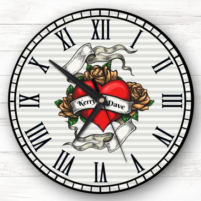 Romantic Couple Any Names Tattoo Style Heart Gift Personalised Clock - image 1