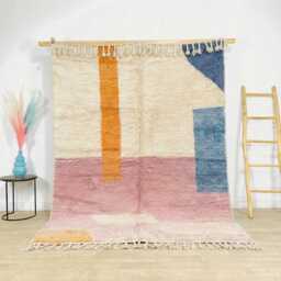 Colorful Striped Moroccan Rug in Pink, Blue, & Orange - Large 9x12 Berber Shag Vibrant Handmade Wool Area Carpet - thumbnail 1