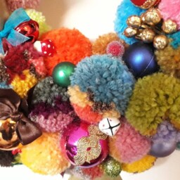 Christmas, Yule Or Winter Pompom Wreath. 350mm Diameter. A Glitzy, Glamorous, Unique Hand-Made Decoration. Wreath #1 - thumbnail 3