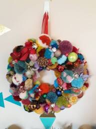 Christmas, Yule Or Winter Pompom Wreath. 350mm Diameter. A Glitzy, Glamorous, Unique Hand-Made Decoration. Wreath #1 - thumbnail 1