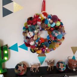 Christmas, Yule Or Winter Pompom Wreath. 350mm Diameter. A Glitzy, Glamorous, Unique Hand-Made Decoration. Wreath #1 - thumbnail 2
