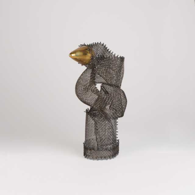 steel Sculpture With 8K Gold Ceramic, Wire Mesh, Abstract Tabletop Decor - image 1