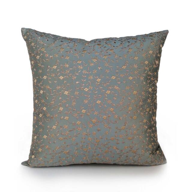 Blue/Tan-Light Gold Decorative Throw Pillow Cover, Cushion Covers, Designer Boho Accent Pillows, Silk Floral Embroidered Boutique Pillow - image 1