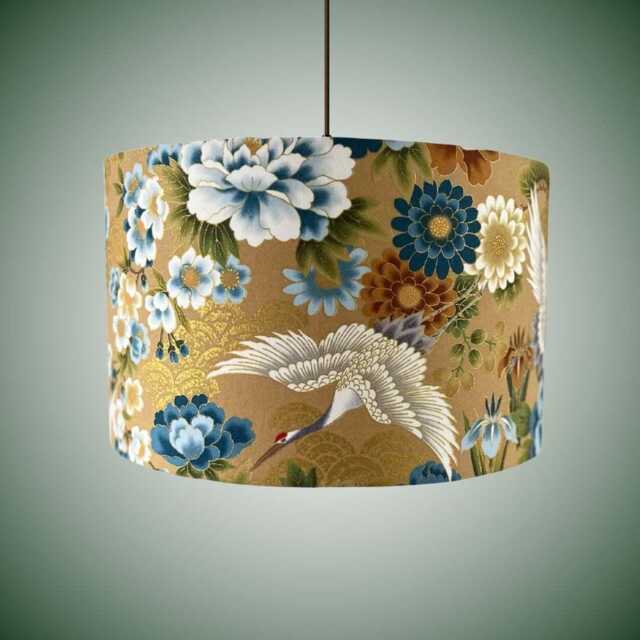 Japanese Cranes Lampshade With Blue, White & Bronze Florals - image 1