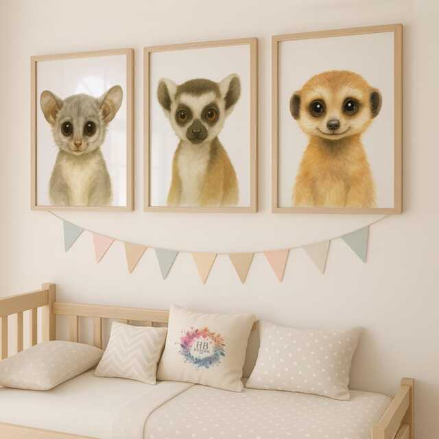 Cute Nursery Animal Prints - Wall Art, Baby Boys Bedroom Decor, Safari Watercolour Print, Girls Room, Kids Playroom - image 1