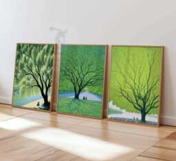 Tree Poster Set, Green Landscape Art, Nature Wall Decor, Calming Print, River Artwork, Peaceful Forest Poster, Botanical Art - thumbnail 1