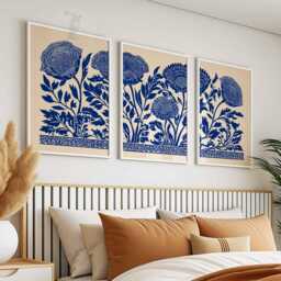 Blue Floral Wall Art Set, Botanical Print Set Of 3, Modern Minimalist Flower Poster, Navy Decor, Scandinavian - thumbnail 3