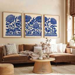 Blue Floral Wall Art Set, Botanical Print Set Of 3, Modern Minimalist Flower Poster, Navy Decor, Scandinavian - thumbnail 2