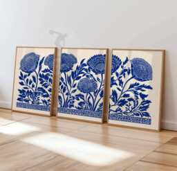 Blue Floral Wall Art Set, Botanical Print Set Of 3, Modern Minimalist Flower Poster, Navy Decor, Scandinavian - thumbnail 1