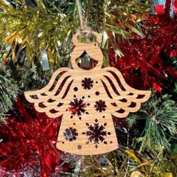 Wooden Starry Angel Christmas Tree Decoration - Beautiful Xmas Ornament in Oak, Walnut Cherry Wood Or Silver, Gold, Red, Green Glitter