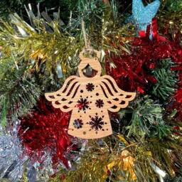 Wooden Starry Angel Christmas Tree Decoration - Beautiful Xmas Ornament in Oak, Walnut Cherry Wood Or Silver, Gold, Red, Green Glitter - thumbnail 2