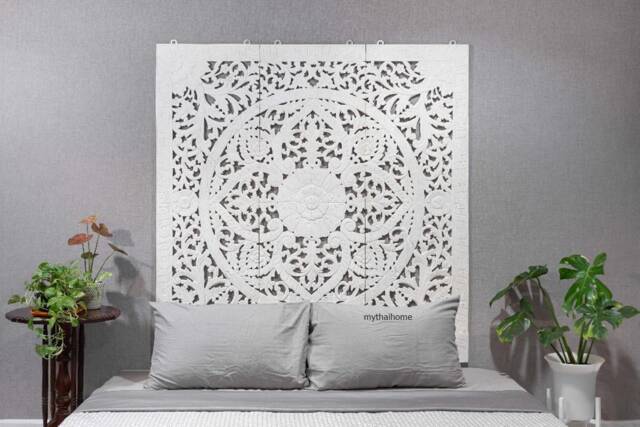 White Headboard Queen 150cm Bed Hand Carved Wood Wall Art Panels Bohemian Wooden Mandala Flower Lotus Carving Thailand Teak 60 - image 1