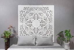 White Headboard Queen 150cm Bed Hand Carved Wood Wall Art Panels Bohemian Wooden Mandala Flower Lotus Carving Thailand Teak 60 - thumbnail 1