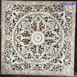White Headboard Queen 150cm Bed Hand Carved Wood Wall Art Panels Bohemian Wooden Mandala Flower Lotus Carving Thailand Teak 60 - thumbnail 3