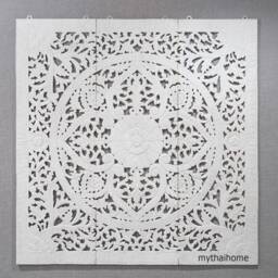 White Headboard Queen 150cm Bed Hand Carved Wood Wall Art Panels Bohemian Wooden Mandala Flower Lotus Carving Thailand Teak 60 - thumbnail 2