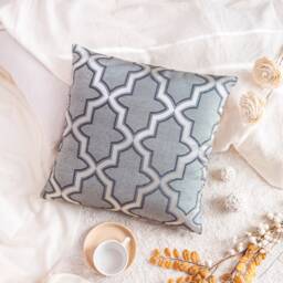 Silver Gray Decorative Throw Pillow Cover, Boutique Cushion Covers, Satin Blend Accent Moroccan Pattern Pillowcase, Modern Farmhouse Decor - thumbnail 2