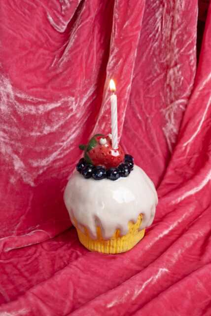 Handmade Ceramic Strawberry Cupcake Candleholder Glazed Googly Eyes Tongue Fruit Dessert Berry Blueberry Frosting - image 1