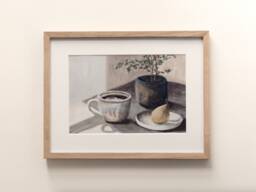 Coffee Cup & Pear Still Life Print, Australian Farmhouse Decor - thumbnail 1