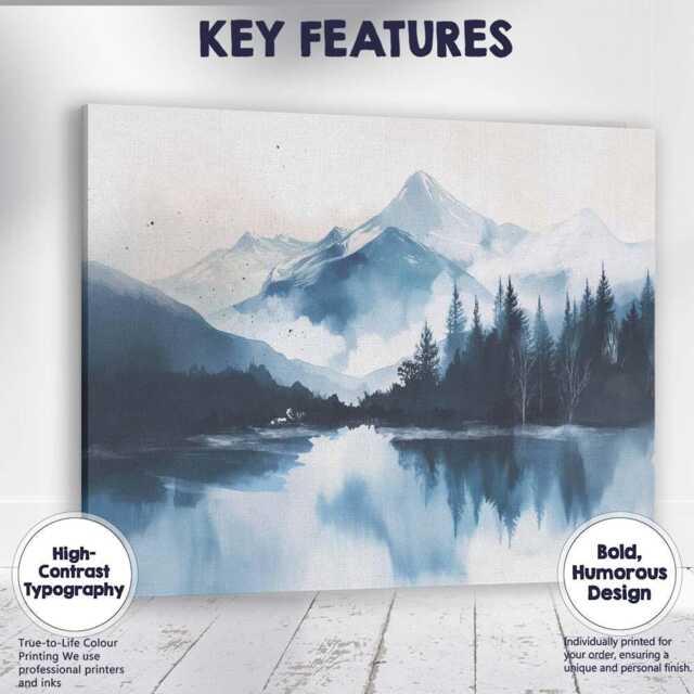 Blue Watercolour Snowy Mountain Lake Forest Reflection Landscape Canvas Wall Art Print Decor Picture Ready To Hang - image 1