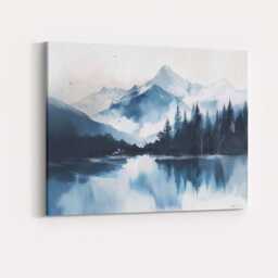 Blue Watercolour Snowy Mountain Lake Forest Reflection Landscape Canvas Wall Art Print Decor Picture Ready To Hang - thumbnail 4