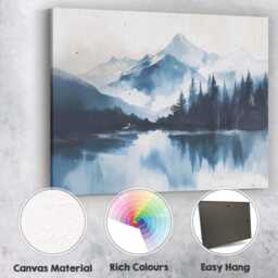 Blue Watercolour Snowy Mountain Lake Forest Reflection Landscape Canvas Wall Art Print Decor Picture Ready To Hang - thumbnail 2