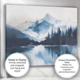 Blue Watercolour Snowy Mountain Lake Forest Reflection Landscape Canvas Wall Art Print Decor Picture Ready To Hang - thumbnail 3