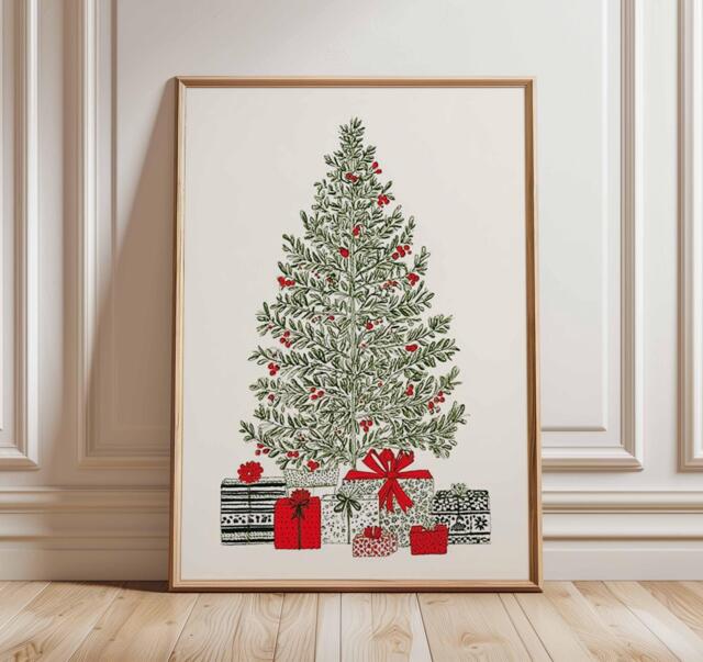 Christmas Tree Poster, Illustration Style Holiday Wall Art, Minimalist Festive Decor, Red & Green Print, Modern Artwork - image 1