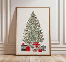 Christmas Tree Poster, Illustration Style Holiday Wall Art, Minimalist Festive Decor, Red & Green Print, Modern Artwork - thumbnail 1