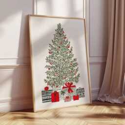Christmas Tree Poster, Illustration Style Holiday Wall Art, Minimalist Festive Decor, Red & Green Print, Modern Artwork - thumbnail 2
