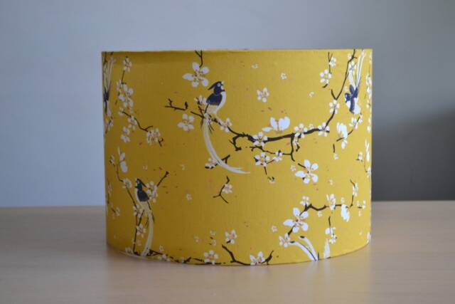 Yellow Cherry Blossom & Bird Print Cotton Fabric Lampshade, Floral Table Lamp, Pendant Light, Yellow Flower Light - image 1