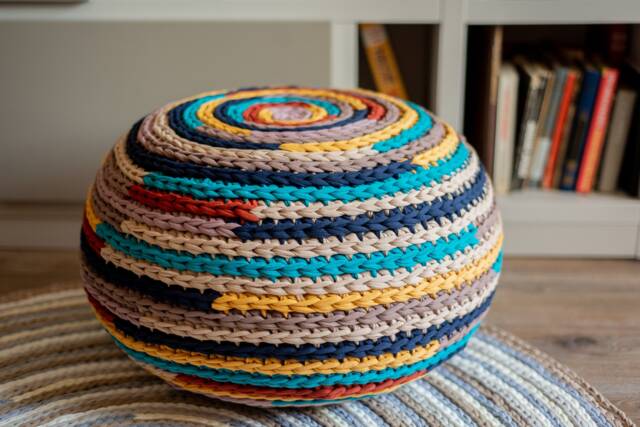Knitted Multicolored Pouf, Round Nursery Pouf Chair, Crochet Casual Unique Original Stuffed Personalized Design - image 1