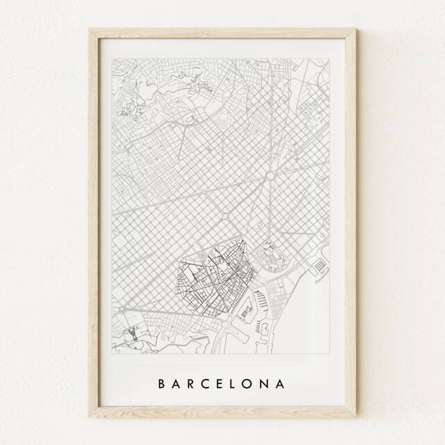 Barcelona Map Street Spain City Drawing Black & White - Art Print Wedding Anniversary Gift Mediterranean Europe Travel Wall Decor - image 1
