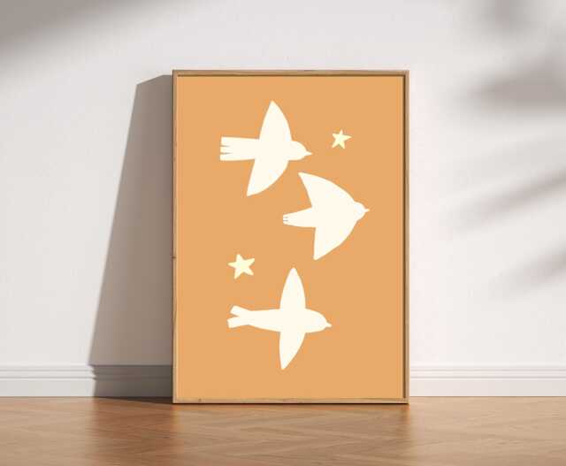 Mid Century Simple Bird Print, Cute Bohemian Retro Minimalist Wall Art, Warm Vintage Birds, Cream Illustration, 70S Nursery Art - image 1