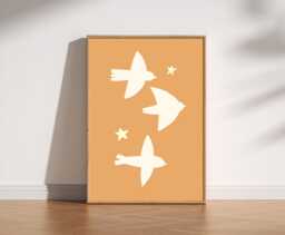 Mid Century Simple Bird Print, Cute Bohemian Retro Minimalist Wall Art, Warm Vintage Birds, Cream Illustration, 70S Nursery Art - thumbnail 1