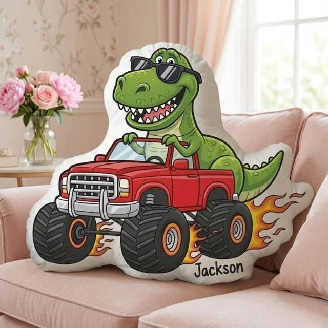 Custom Dinosaur Pillow, Monster Truck Design, Personalized Kids Name Dino Cushion, Gifts For Baby Boy, Nursery Decor - image 1