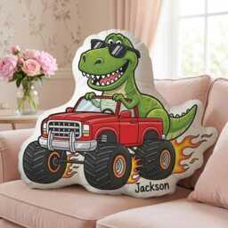Custom Dinosaur Pillow, Monster Truck Design, Personalized Kids Name Dino Cushion, Gifts For Baby Boy, Nursery Decor - thumbnail 1