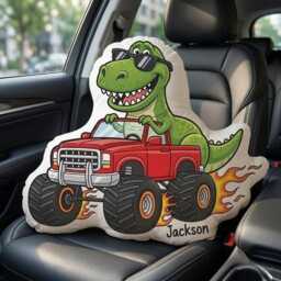 Custom Dinosaur Pillow, Monster Truck Design, Personalized Kids Name Dino Cushion, Gifts For Baby Boy, Nursery Decor - thumbnail 2