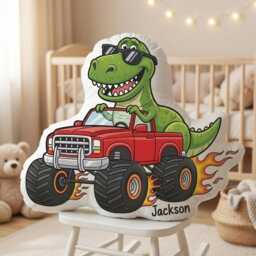 Custom Dinosaur Pillow, Monster Truck Design, Personalized Kids Name Dino Cushion, Gifts For Baby Boy, Nursery Decor - thumbnail 3