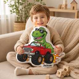 Custom Dinosaur Pillow, Monster Truck Design, Personalized Kids Name Dino Cushion, Gifts For Baby Boy, Nursery Decor - thumbnail 4