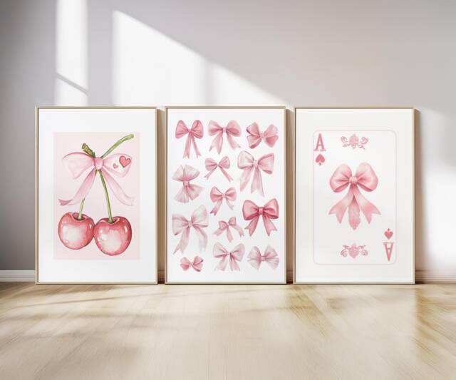 Set Of 3 Pink Bows Wall Art. Trendy Dorm Prints. Preppy Poster. College Apartment Decor, Watercolor Bows. Coquette Girly - image 1