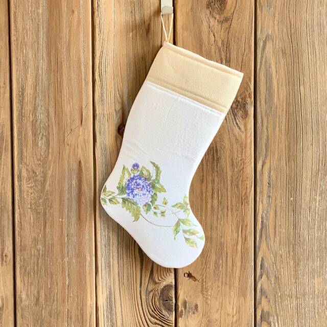 Vintage Linen Christmas Stocking - Upcycled Floral On Off-White Background Farmhouse - image 1