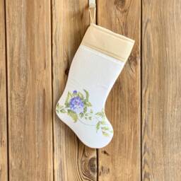 Vintage Linen Christmas Stocking - Upcycled Floral On Off-White Background Farmhouse - thumbnail 1