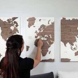 World Map Cork Art Map, Push Pin Board Travel Wall - Oak Wood Walnut Wooden Globe Decor, 3 Panel Feature Home Art, Gift