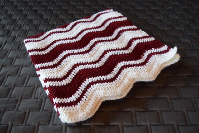 Hand Crocheted Maroon & White Ripple Baby Blanket - image 1