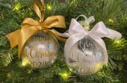 Personalised Filled Bauble - First Christmas Name -Baby Gift 2025 Feather/Tinsel/Snow - thumbnail 1