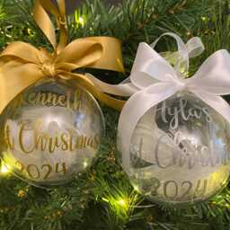 Personalised Filled Bauble - First Christmas Name -Baby Gift 2025 Feather/Tinsel/Snow - thumbnail 2