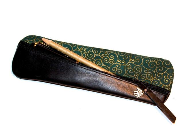Leather Pencil Case Diagonal Black Nappa & Fabric Green Gold Pen For 14 Pens 20 ?? 6 cm Handmade Unique - image 1