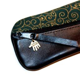 Leather Pencil Case Diagonal Black Nappa & Fabric Green Gold Pen For 14 Pens 20 ?? 6 cm Handmade Unique - thumbnail 3