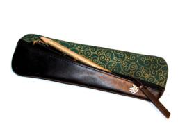 Leather Pencil Case Diagonal Black Nappa & Fabric Green Gold Pen For 14 Pens 20 ?? 6 cm Handmade Unique