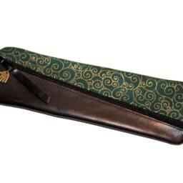 Leather Pencil Case Diagonal Black Nappa & Fabric Green Gold Pen For 14 Pens 20 ?? 6 cm Handmade Unique - thumbnail 2